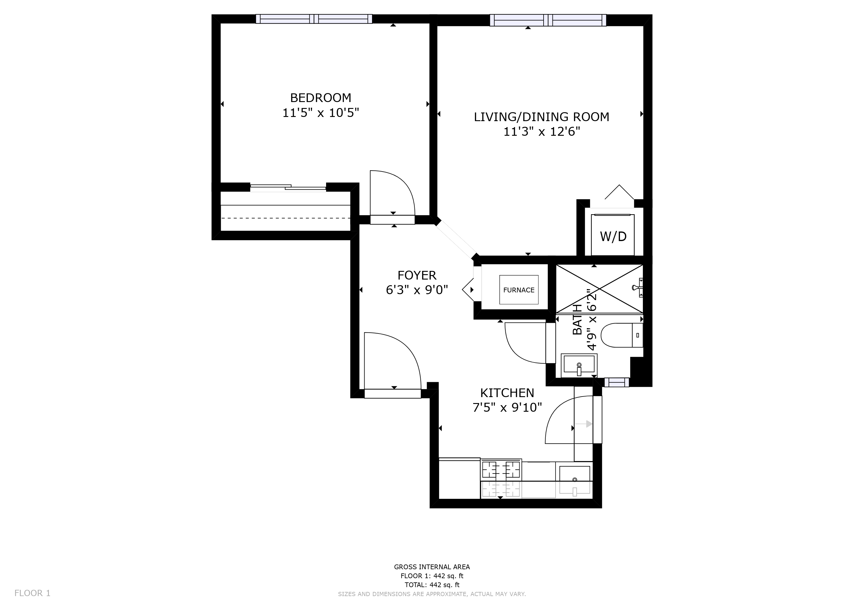 Floor plan for 1 bed, 1 bath, 442 sqft